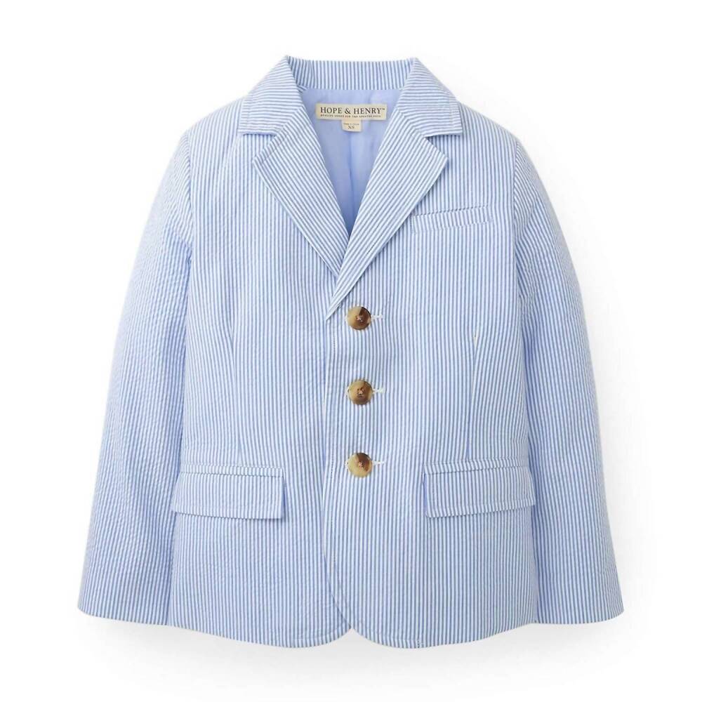 NEW HOPE & HENRY boy's organic seersucker suit jacket in blue chateau check